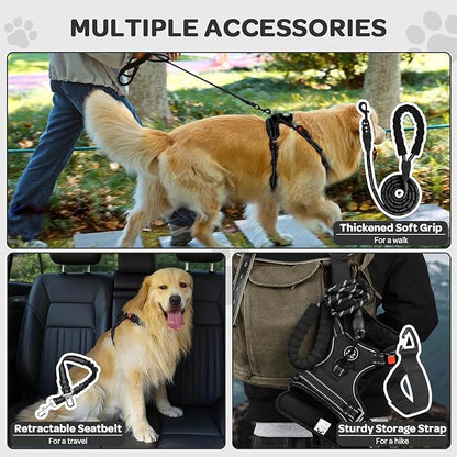 FURRYFECTION Plaid Dog Harness for Large Dogs, Reflective No Pull Adjustable Pet Vest with Front Clip, Leash, Easy Control Handle and Seat Belt, Black, L