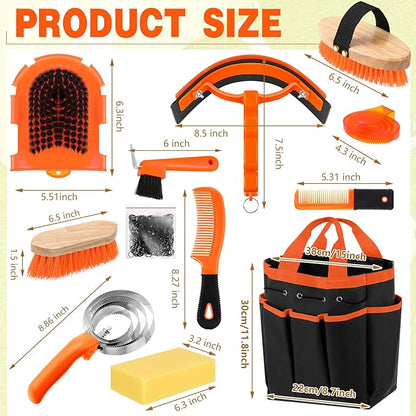 Abbylike 12 Pieces Horse Grooming Kit with Organizer Tote Bag Tack Room Supplies Horse Brush Sets Equine Care Cleaning Kit Shedding Grooming Massaging Tools(Orange)