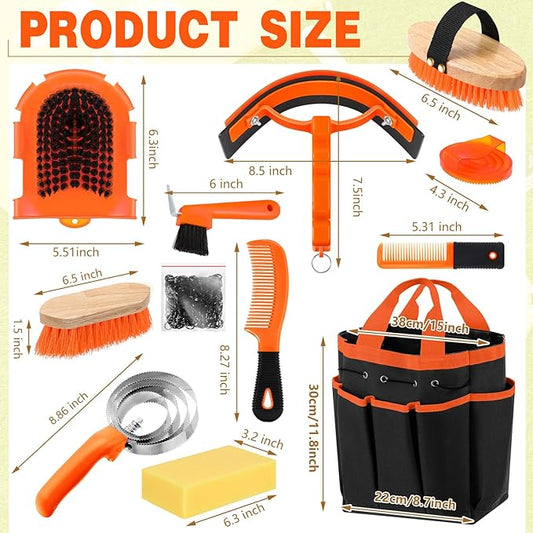 Abbylike 12 Pieces Horse Grooming Kit with Organizer Tote Bag Tack Room Supplies Horse Brush Sets Equine Care Cleaning Kit Shedding Grooming Massaging Tools(Orange)