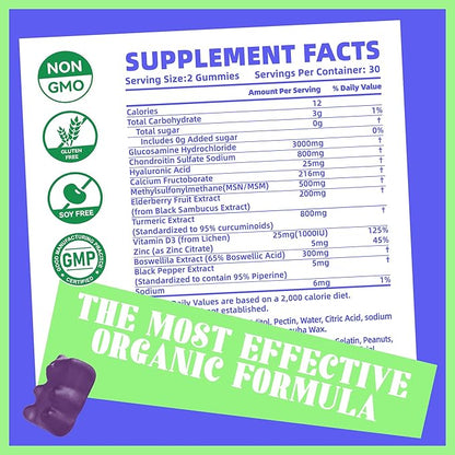 Pets Purest Glucosamine Chondroitin Gummies with MSM & Elderberry Extra Strength - Joint Support, Antioxidant Immune Support Supplement for Adults, Men & Women.60 Blueberry Gummies