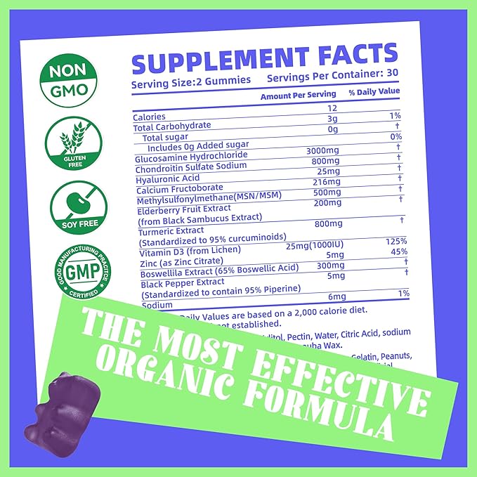 Pets Purest Glucosamine Chondroitin Gummies with MSM & Elderberry Extra Strength - Joint Support, Antioxidant Immune Support Supplement for Adults, Men & Women.(2 Pack) Blueberry