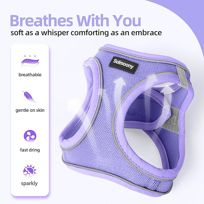 Solmoony Sparkly Medium Dog Harness and Leash Set, Step in Soft Light Puppy Vest, Breathable Reflective Pet Harness for Walking, Puppy Harness for Medium Dogs Cats (Purple, M)
