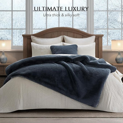 EVERGRACEHOME Luxury Soft Faux Chinchilla Fur Throw Blanket for Couch, Warm Thick Heavy Winter Throw Blanket 1220GSM for Bed, Fluffy Cozy Mink Blanket with Reversible Velvet, Stormy Blue Mink, 50"x60"