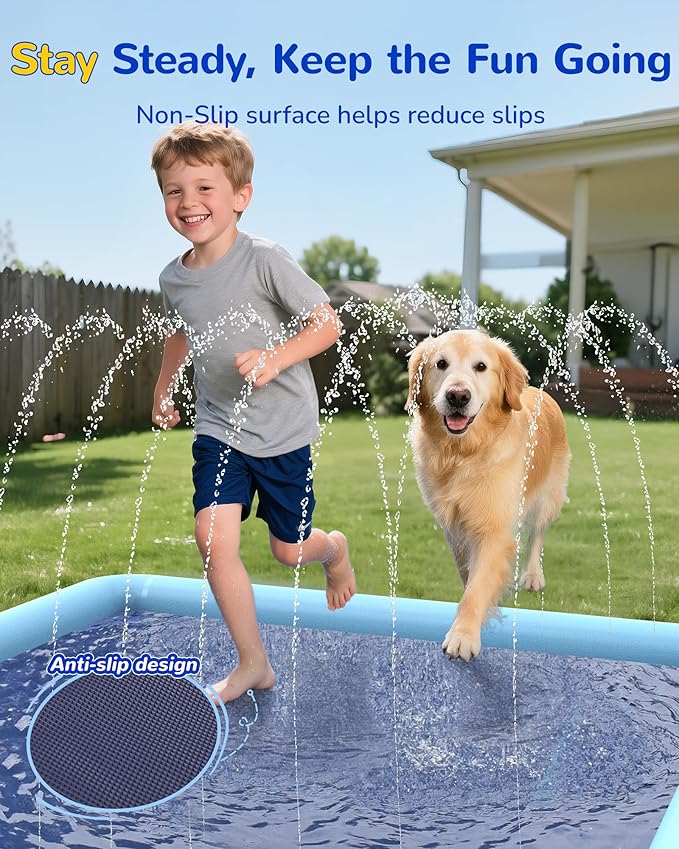 VISTOP Non-Slip Splash Pad for Kids and Dog, Thicken Sprinkler Pool Summer Outdoor Water Toys - Fun Backyard Fountain Play Mat for Baby Girls Boys Children or Pet Dog (97 * 60 inch, Blue&Blue)
