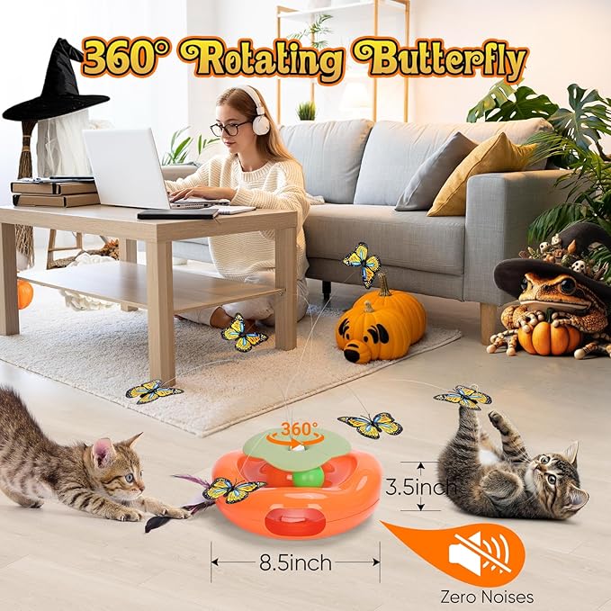Pawingcat Interactive Cat Toy 3in1 Halloween Cat Toys Pumpkin Whack a Mole Cat Toy with Rotating Butterfly Cat Enrichment Battery Operated