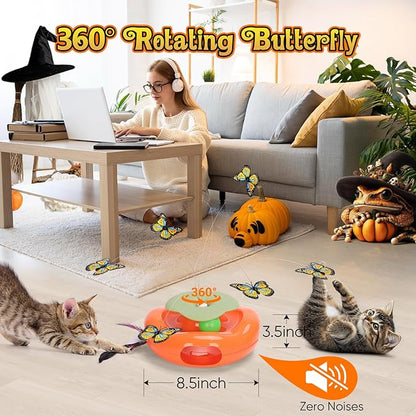 Pawingcat Interactive Cat Toy 3in1 Halloween Cat Toys Pumpkin Whack a Mole Cat Toy with Rotating Butterfly Cat Enrichment Battery Operated