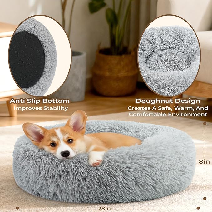 Calming Anti-Anxiety Donuts Dog And Cat Bed, Round Fluffy Soft Washable Large Pet Bed For Puppy And Kitten, Cuddler Warming Comfortable Cushion, Luxury Anti-Slip Waterproof Mute Base 28in Gray