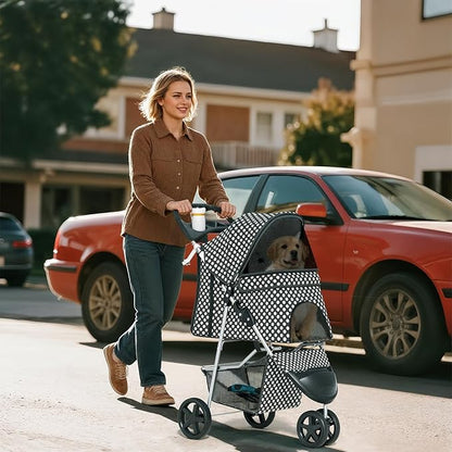 Pet Stroller for Small Dogs 10 lbs, Dog Stroller for Medium Dogs 30 lbs, Cat Strollers for 2 Cats, 3 Wheels Foldable Jogger Puppy Stroller with Storage Basket and Cup Holder, Black Polka Dots