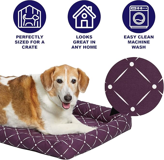 MidWest Homes for Pets 40230-PLD Quiet Time Couture Ashton Bolster Pet Bed, Intermediate Dog/30, Plum, Plum & White Diamond Pattern, 30-Inch