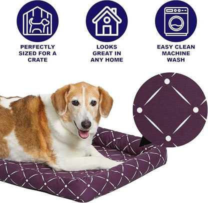 MidWest Homes for Pets 40230-PLD Quiet Time Couture Ashton Bolster Pet Bed, Intermediate Dog/30, Plum, Plum & White Diamond Pattern, 30-Inch