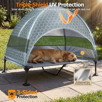 Elevated Dog Bed with UV-Proof Canopy, Outdoor Dog Tent with Powerful Adjustable Feet, Portable Pet Cot with Wider Shade, Raised Cooling Bed for Camping, Patio, Beach, Poolside