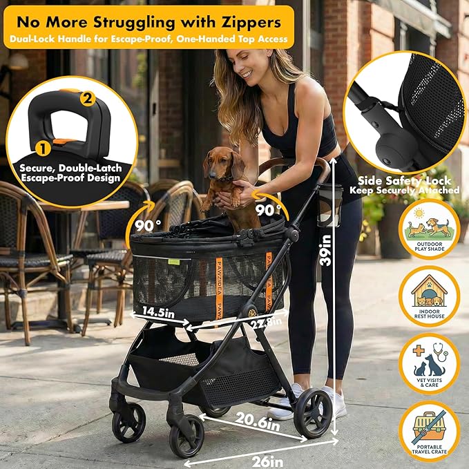 PAWZIDEA Pet Stroller 4 in 1, Foldable Cat Stroller with Detachable Carrier for Small Medium Dogs & Cats, Escape-Proof No-Zip Canopy, Lightweight Portable Travel Crate & Car Seat Combo, Storage Basket