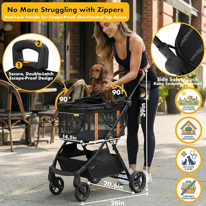 PAWZIDEA Pet Stroller 4 in 1, Foldable Cat Stroller with Detachable Carrier for Small Medium Dogs & Cats, Escape-Proof No-Zip Canopy, Lightweight Portable Travel Crate & Car Seat Combo, Storage Basket