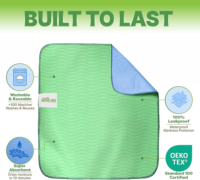 Bed Pads Washable Waterproof 34"x36"- Pack of 2 Incontinence Bed Pads & Washable Pee Pads for Adults - Dementia Products for Elderly & Elderly Assistance Products - Reusable Pee Pads for Dogs & Kids
