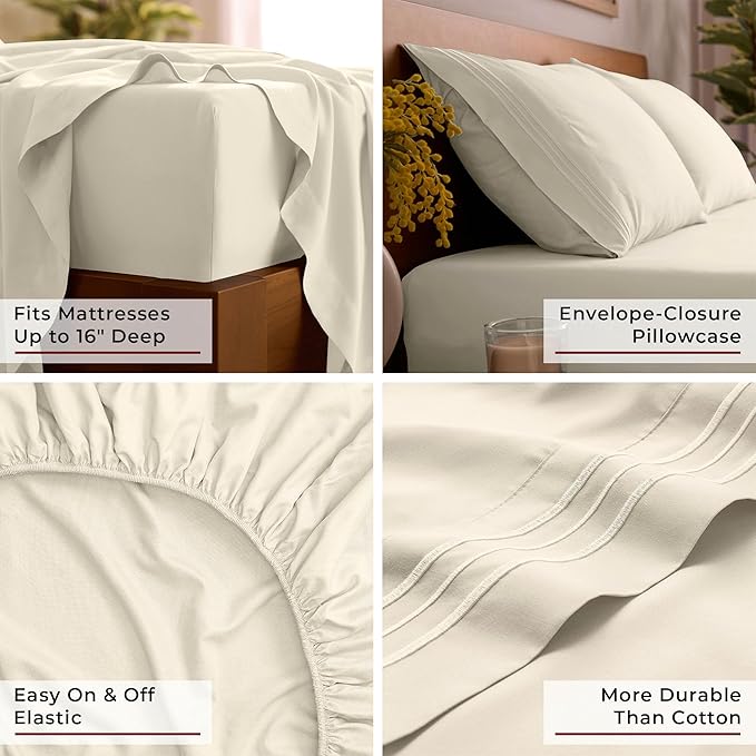 Mellanni Queen Sheet Set - 6-Piece Iconic Collection Bedding, (Including 4 Pillowcases), 16-Inch Deep Pocket, Easy Care, Extra Soft, Cooling Sheets, Brushed Microfiber - Golden Ivory