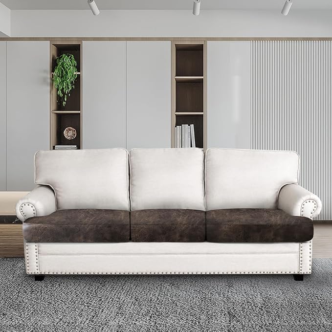ANARACHON Leather Look Couch Cushion Covers Sofa Seat Slipcovers Sets Couches Furniture Protector for Sectional Armchair Loveseat Pets Kids Stretch Spandex Fabric (3 T-Cushion Sofa, Brown)