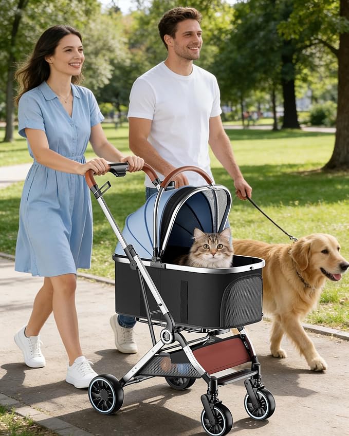 GTPLAYER Pet Stroller with Matching Stroller Mat Set, for Small Dogs and Cats Up to 45 lb, Detachable Carrier, One-Hand Fold, Stroller: Light Bule, Mat: Beige