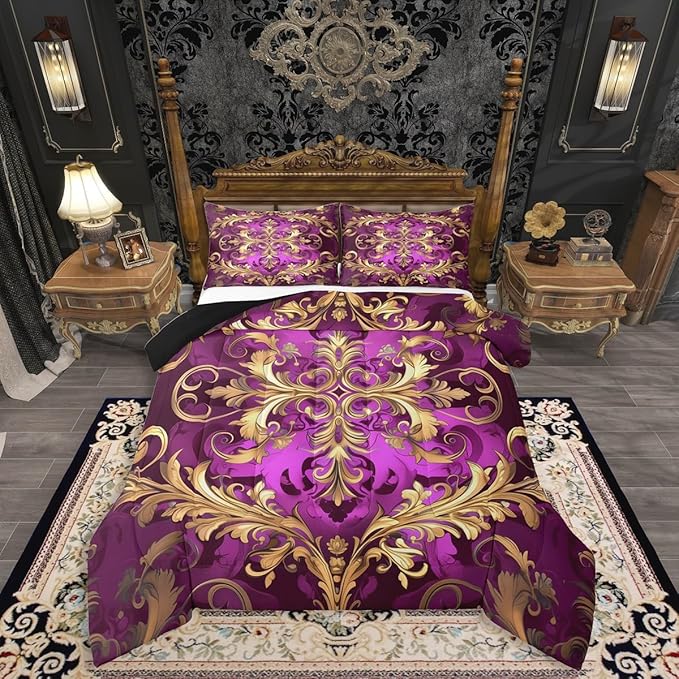 Erosebridal (Just Print Golden Damask Full Size Bedding, Vintage Florals Exotic Comforter Set for Kids Boys Girls, Hippie Boho Aztec Paisley Quilt Set Victorian Baroque Luxury Bed Sets