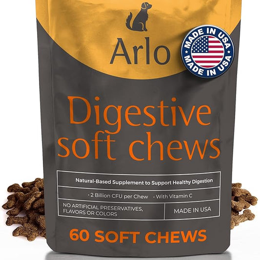 Arlo Pet Dog Digestive Supplement - 60 Soft Chews with Pre and Probiotics, Digestive Enzymes for Dogs, Organic Pet Treat with Vitamin-C, and 2.4B CFU Bacillus Coagulans