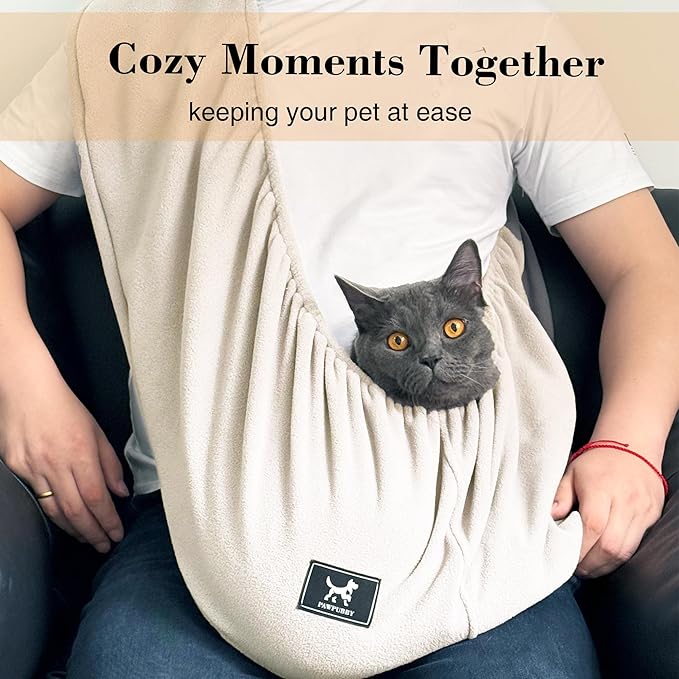 Polar Fleece Cat Sling Carrier (Large - for People 180-200cm & Pets 10-18 lbs) – Fixed Elastic Strap Pet Cuddle Bag for Indoor Snuggling, Soft Hands-Free Carrier（Apricot）