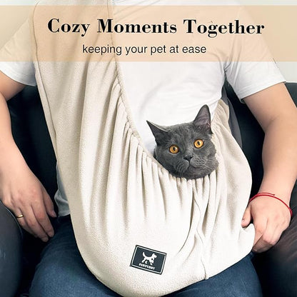Polar Fleece Cat Sling Carrier (Large - for People 180-200cm & Pets 10-18 lbs) – Fixed Elastic Strap Pet Cuddle Bag for Indoor Snuggling, Soft Hands-Free Carrier（Apricot）