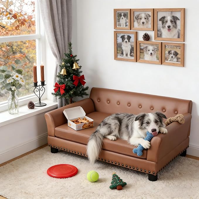 BingoPaw Large Leather Dog Sofa: Pet Couch Lounge Made by Scratching Resistant Microfiber Leather - Doggy Modern Chaise Daybed with Leatherier Cover for Pets Up to 80lbs
