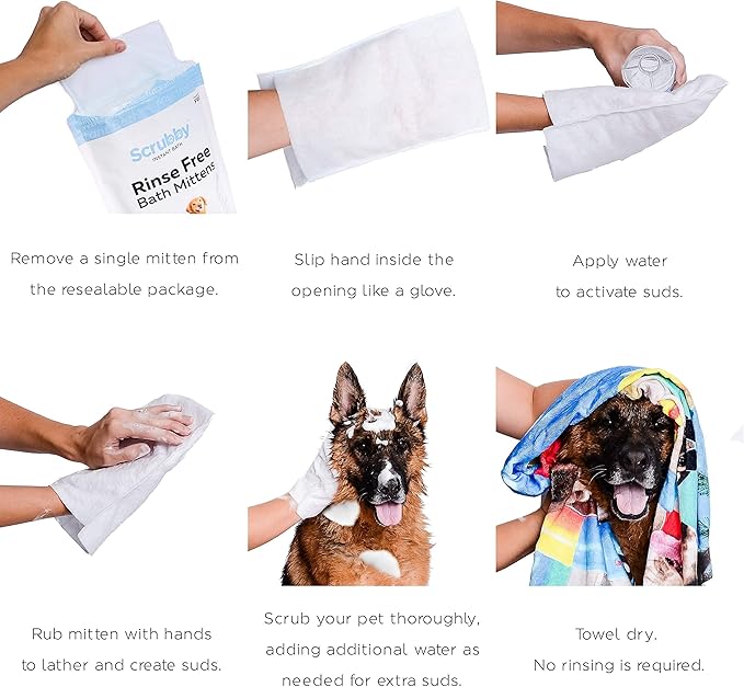 Scrubby Pet No Rinse Pet Wipes | Rinse Free Shampoo Mittens | Dogs & Cats | Bath Wipes - Bathing & Washing Pets, Hypoallergenic | No Rinse Wash Mitt | Grooming, Lather Wipe Dry - Pack of 10