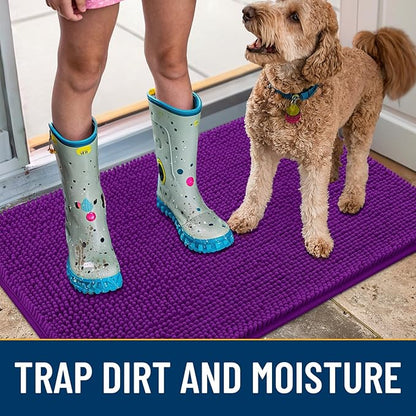 Smiry Dog Door Mat for Muddy Paws 47x24, Absorbs Moisture and Dirt Doormat, Non-Slip Washable Quick Dry Chenille Front Door Mat Indoor Entrance, Entryway Carpet for Inside Floor, Purple