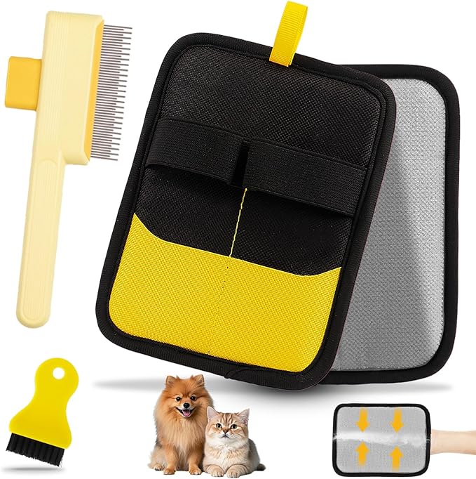 Electrostatic Pet Hair Removal Glove - Reusable Pet Hair Removal Glove with Cleaning Brush & Flea Comb for Cats & Dogs, Washable for Clothing, Couch, Carpet, Car Seat (Black/Yellow)