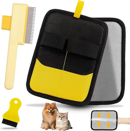 Electrostatic Pet Hair Removal Glove - Reusable Pet Hair Removal Glove with Cleaning Brush & Flea Comb for Cats & Dogs, Washable for Clothing, Couch, Carpet, Car Seat (Black/Yellow)