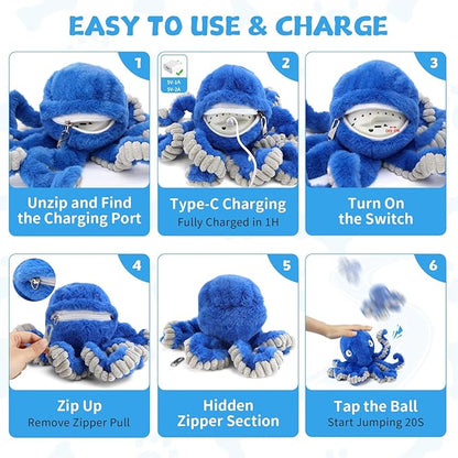 Interactive Dog Octopus Toy, Upgrade Automatic 1.5H Jumping Ball with Motion Activation for Small Large Dogs, 2 in 1 Rechargeable Move & Tug Plush Toy Pets Keep Busy, No Music (Blue Crinkle)