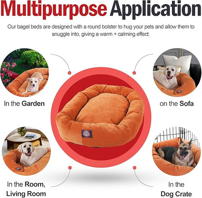 Majestic Pet 40 Inch Micro Velvet Calming Dog Bed Washable – Cozy Soft Round Dog Bed with Spine for Head Support - Fluffy Donut Puppy Mat 40x29x9 (inch) Large – Orange