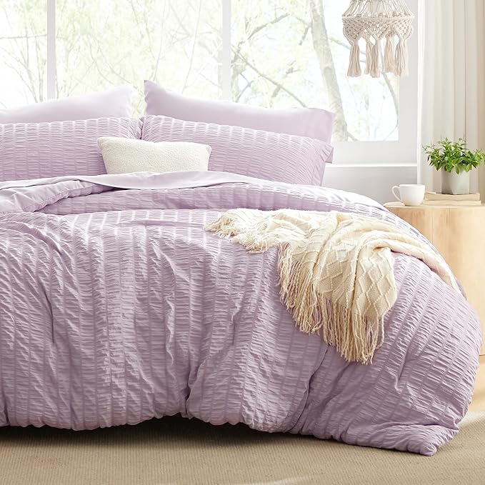 Love's cabin Seersucker Lavender Queen Comforter Set, 7-Piece All Season Lightweight Bed in a Bag Bedding Set with Comforter, Flat Sheet, Fitted Sheet, Pillowcases and Shams | Soft, Breathable, Lightweight