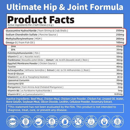 Senior Advanced Joint Supplement for Dogs – 17-in-1 Glucosamine for Dogs with Chondroitin – Hip & Joint Pain Relief Pills – Mobility Support Chews – Large & Small Breeds - Beef Flavor – 90Ct