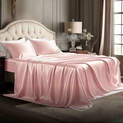 Bedsure Pink Satin Sheets Full Size - 4 Piece Silky Bedsheets with 15 Inches Deep Pocket Fitted Bedsheet,1 Flat Sheet, 2 Satin Pillowcases, Good for Hair & Skin (Full, Peach Pink)