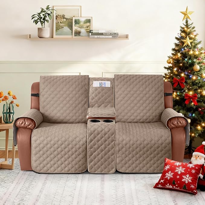 Ruaozz Waterproof Loveseat Recliner Cover with Console Non-Slip Reclining Couch Covers Split Sofa Slipcovers with Elastic Straps Furniture Protector for Kids, Dogs, Pets (Light Brown, 2 Seater)