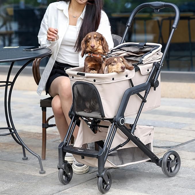 Upgraded Small/Medium Pet Stroller - Dogs & Cats up to 66 lbs, Folds for Storage and Features a Safety Foot Brake, 3-in-1 Foldable Portable Travel Carrier for 2 Small to Medium Pets (Beige)