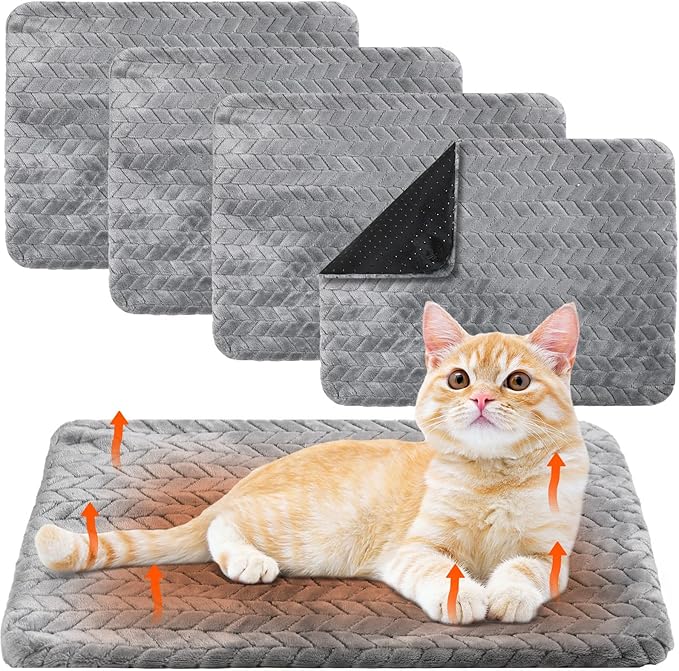 Drydiet 4 Pack Self Warming Cat Bed Mat Self Heating Pad for Dog Extra Warm Winter Pet Pad Washable Thermal Pads Mats for Pets Indoor Outdoor(Gray,16 x 20 Inch)