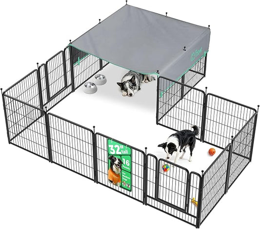 FXW Rollick Unleashed Dog Playpen for Indoor, Yard, RV Camping, 32 inch 16 Panels Dog Pen with Sun Shade for Small and Medium Dogs, Black│Patented