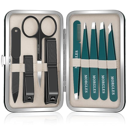 MORGLES Tweezers Set for Eyebrows, 9 Pcs Precision Stainless Steel Tweezers and Professional Nail Clippers Set for Men with Leather Travel Case