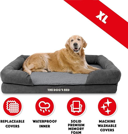 The Dog’s Bed Orthopedic Memory Foam Dog Bed with Bolsters for XL Dogs, High Density Support Mattress, Low Front Entry, Removable Washable Cover, Plush Fabric, Grey Plush, XL
