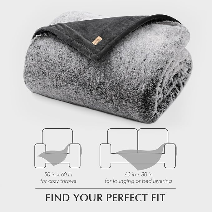 EVERGRACEHOME Luxury Soft Faux Chinchilla Fur Throw Blanket for Couch, Warm Thick Heavy Winter Throw Blanket 1220GSM for Bed, Fluffy Cozy Mink Blanket with Reversible Velvet, Onyx Mink, 50"x60"