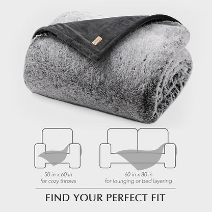 EVERGRACEHOME Luxury Soft Faux Chinchilla Fur Throw Blanket for Couch, Warm Thick Heavy Winter Throw Blanket 1220GSM for Bed, Fluffy Cozy Mink Blanket with Reversible Velvet, Onyx Mink, 50"x60"