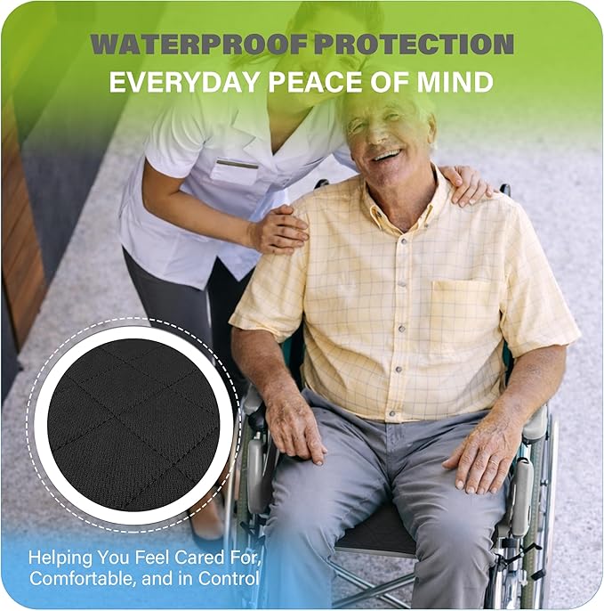 SPRING SEAON Waterproof Chair Pads for Adults & Elder, 22" x 21" Washable Reusable Incontinence Pads, Non-Slip Wheelchair Seat Cover for Bed, Car, Recliner & Protecting Patient Dignity (Black, 2 Pack)