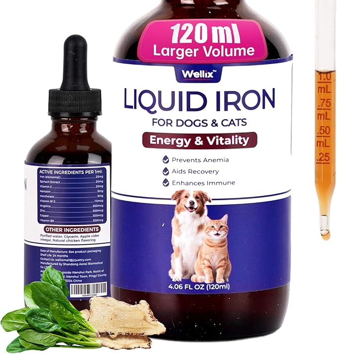 4oz Liquid Iron Supplement for Cats&Dogs-Vitamin B12&C-Cat Anemia Supplements, Hemoglobin Support,Lethargy,Pregnant Cat&Dog Essentials,Kitten & Puppy Supplements-Large Volume