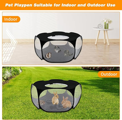 Rypet Collapsible Small Animal Cage Tent, Breathable Fabric Guinea Pig Playpen with Cover, Transparent Hamster Playpen Portable Pet Yard Exercise Fence for Reptile Rabbit Chinchilla Hedgehog(Black)