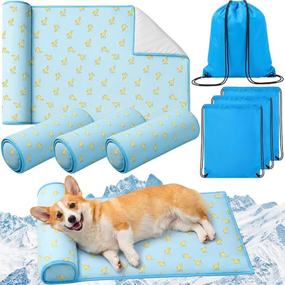 DoubleFill 4 Pack Cooling Dog Mats with Supportive Pillow 15.7" x 23.6" Self Cooling Dog Pads Ice Silk Washable Pet Cool Mat Summer Cat Sleeping Pad with Storage Bag for Crate Bed (Small, Blue)