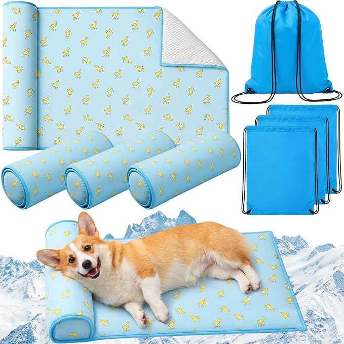DoubleFill 4 Pack Cooling Dog Mats with Supportive Pillow 23.6" x 31.5" Self Cooling Dog Pads Ice Silk Washable Pet Cool Mat Summer Cat Sleeping Pad with Storage Bag for Crate Bed Floor (Large, Blue)