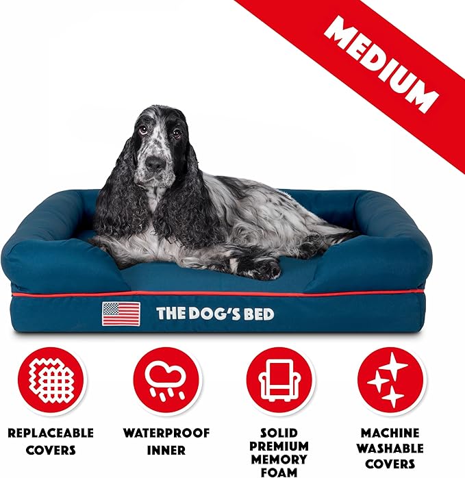 The Dog’s Bed Orthopedic Memory Foam Dog Bed with Bolsters for Medium Dogs, High Density Support Mattress, Low Front Entry, Removable Washable Cover, Oxford Fabric, Blue with Dark Red Trim, Medium