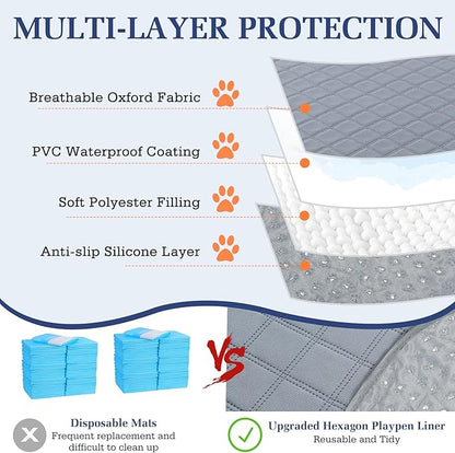 2-in-1 Small Animals Playpen with Pad, Waterproof Small Pet Cage Tent with Reusable Pad, Portable Outdoor Yard Fence with 3 Metal Rod for Chick/Kitten/Puppy/Guinea Pig/Rabbits/Chinchillas, Green+Gray